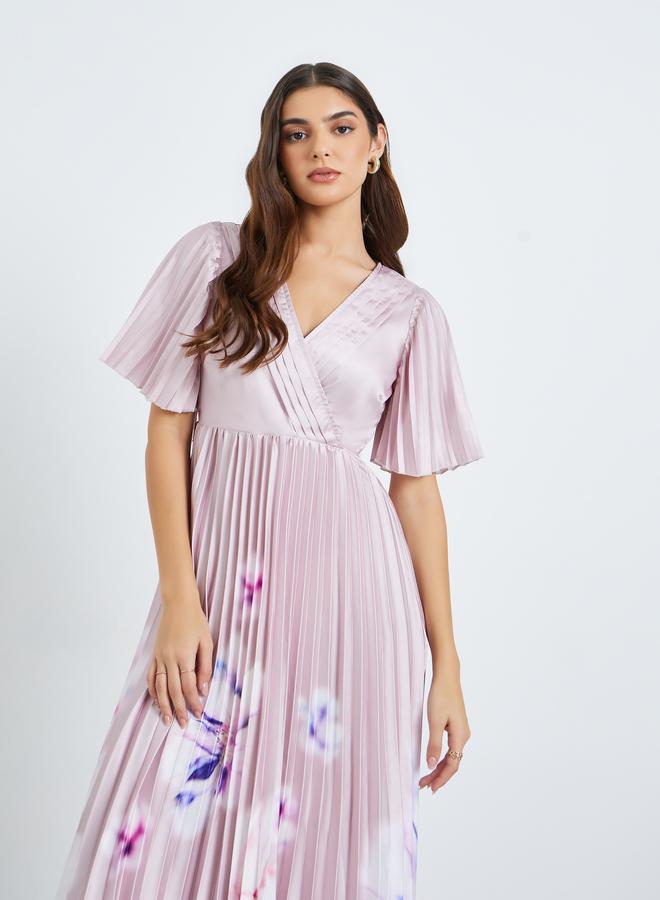 Styli Women Pink Floral Pleated Wrap Midi Dress - Image 1